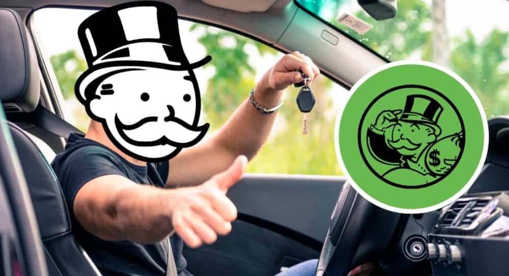 A man is sitting in a car giving thumbs up with a Monopoly man icon over his face and another icon in green next to him.