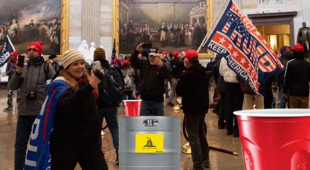 A group of protesters are in the white house with a keg and red solo cups.