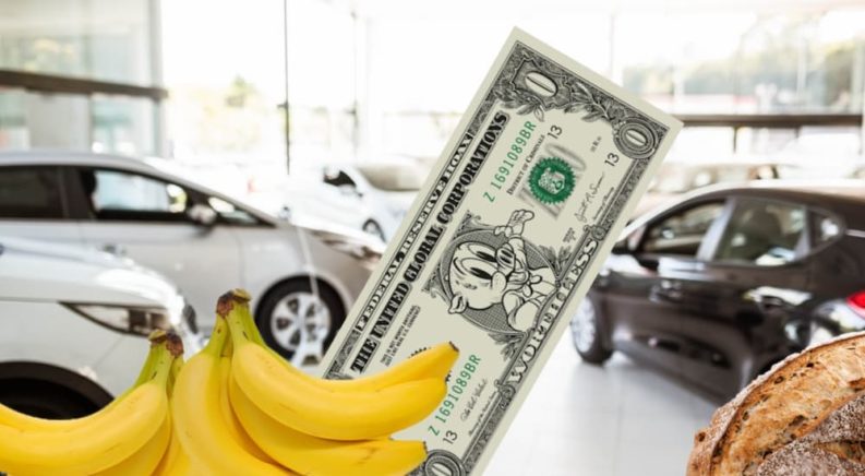 Worthless money, bananas, and a loaf of bread are shown in a car dealership.