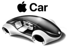 A black and white image shows the Apple iCar .