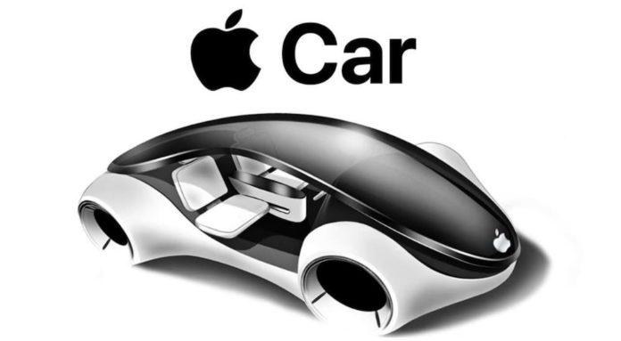 A black and white image shows the Apple iCar .
