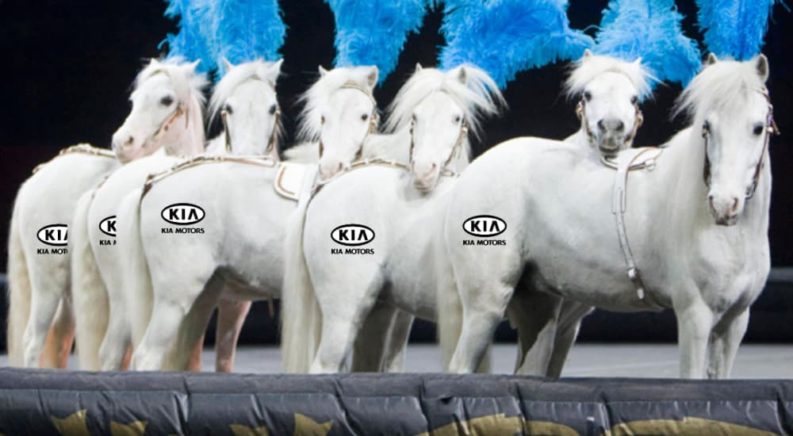 A row of horses are shown stamped with a Kia Motors logo on the hind leg.