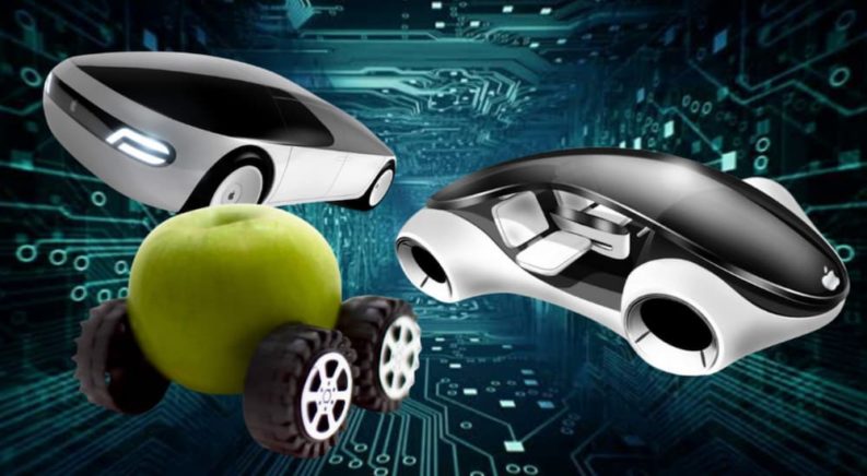 Multiple prototype cars are shown, one is a green apple with wheels.
