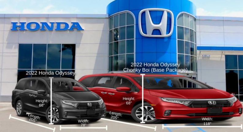 A grey 2022 Honda Odyssey is in front of a Honda dealership next to a red 2022 Honda Odyssey Chonky Boi base trim with measurements.
