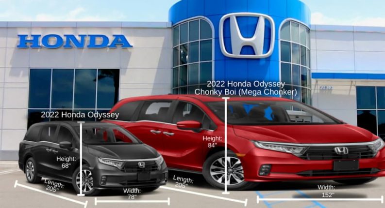 A grey 2022 Honda Odyssey is in front of a Honda dealership next to a red 2022 Honda Odyssey Chonky Boi Mega trim with measurements.