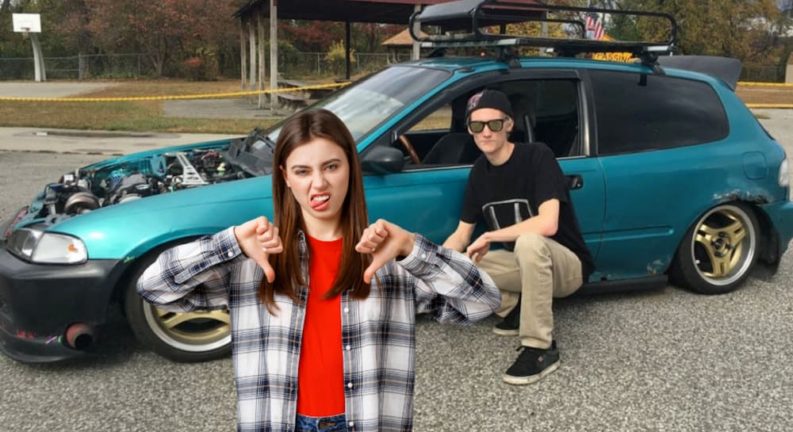A woman is giving thumbs down in front of a young man crouching in front of his lowered green Honda Civic Hatchback, which is not one of the best used cars.