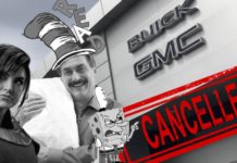 A man in a Dr. Seuss hat is standing with Sponge-bob Outside of a Buick dealership after being cancelled.