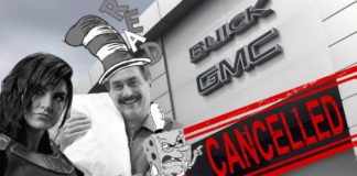 A man in a Dr. Seuss hat is standing with Sponge-bob Outside of a Buick dealership after being cancelled.