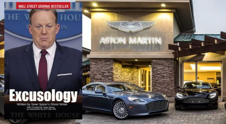 A news bulletin labeled excusology with an old man in a tie is shown next to an Aston Martin used car dealer.