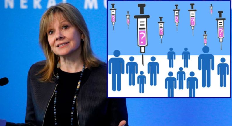 A woman speaking at a press conference is next to a graphic showing syringes with question marks over people figures.