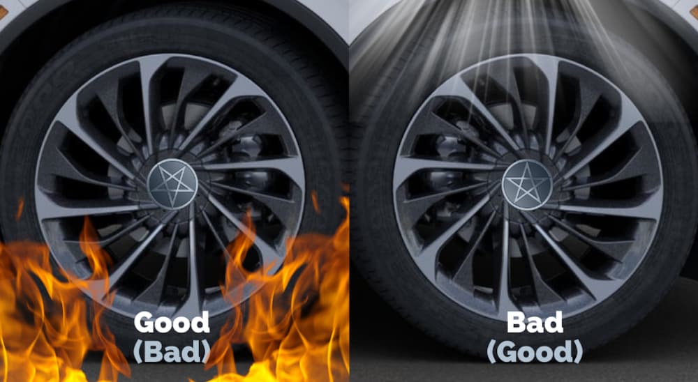 Two tires are shown, one is on fire.