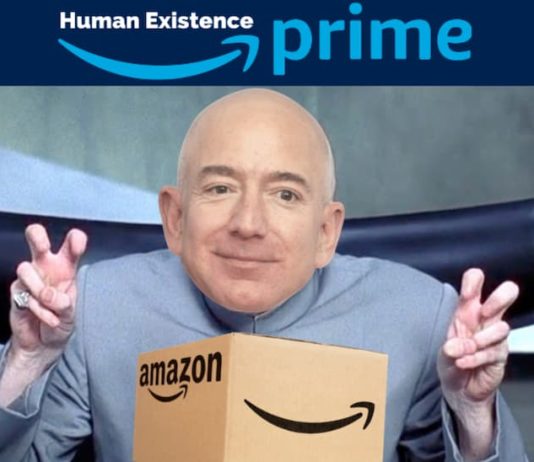 Jeff Bezos is dressed as Dr. Evil with an Amazon box after online car shopping.
