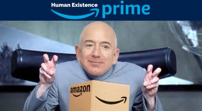 Jeff Bezos is dressed as Dr. Evil with an Amazon box after online car shopping.