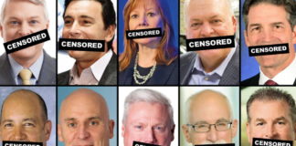 image shows 10 people being censored with censored text over their mouths.