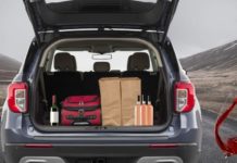 The trunk of an SUV is filled with luggage and wine during a 2021 Ford Explorer vs 2021 Kia Telluride comparison.