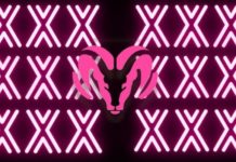 Something not usually seen at a Ram truck dealership, neon pink rows of 'XXX' and Ram logo are shown.