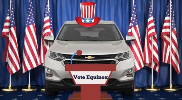 A silver 2021 Chevy Equinox is shown wearing an American flag hat during a 2021 Chevy Equinox vs 2021 Toyota RAV4 competition.
