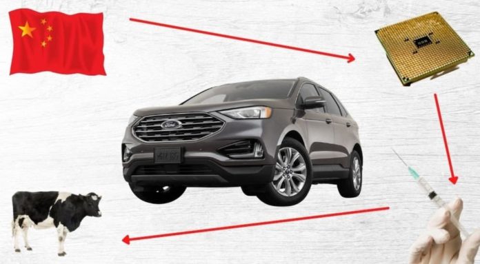 A grey 2021 Ford Edge is shown in the center of a conspiracy map.