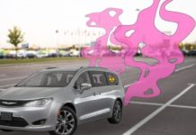 A grey used Chrysler Pacifica is shown with pink smoke coming out of the exhaust.