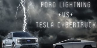 A blue 2022 Ford F-150 Lightning and a grey 2022 Tesla Cybertruck are shown during a 2022 Ford F-150 Lightning vs 2022 Tesla Cybertruck comparison.