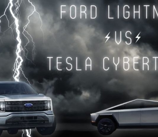 A blue 2022 Ford F-150 Lightning and a grey 2022 Tesla Cybertruck are shown during a 2022 Ford F-150 Lightning vs 2022 Tesla Cybertruck comparison.