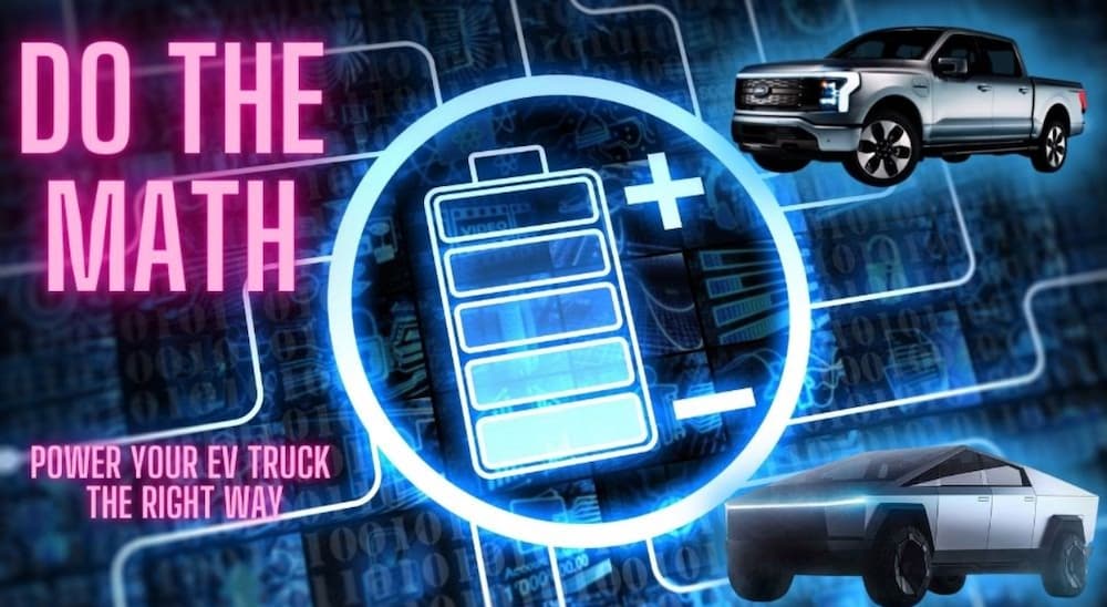 A battery is shown charging during a 2022 Ford F-150 Lightning vs 2022 Tesla Cybertruck comparison.