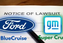 Ford dealer and GM dealer logos are shown over notice of lawsuit paperwork.