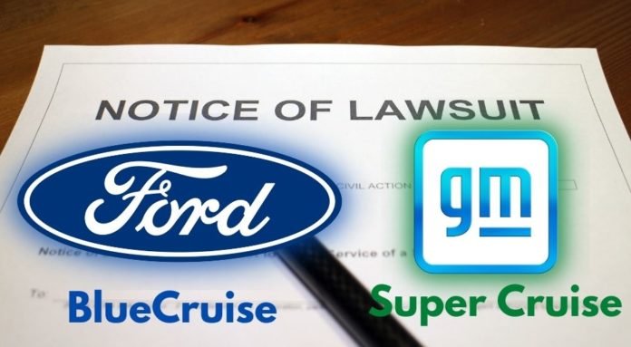 Ford dealer and GM dealer logos are shown over notice of lawsuit paperwork.