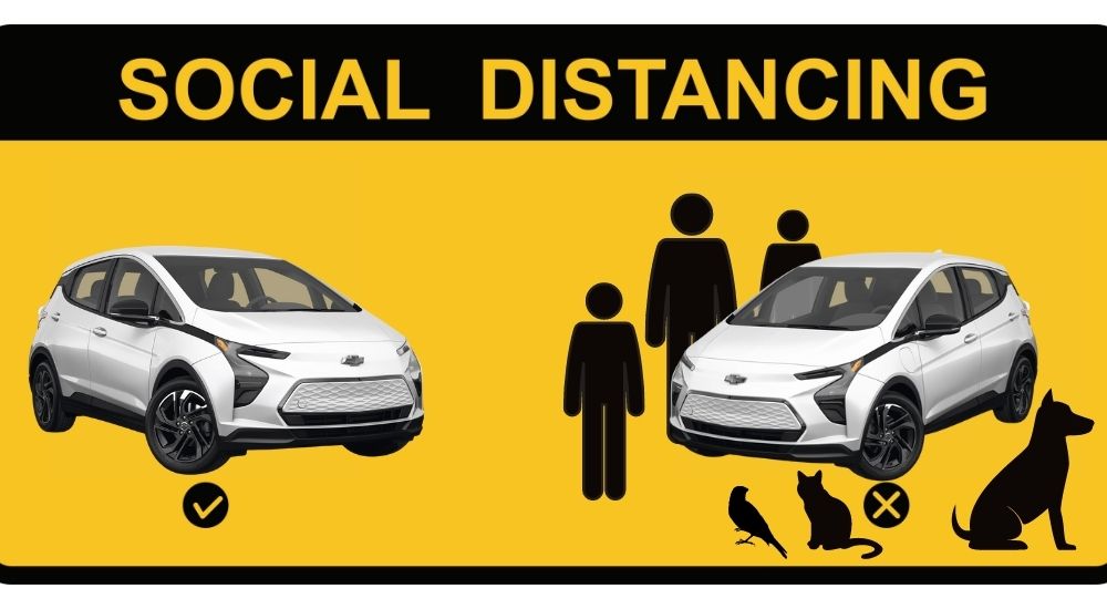 Two white Chevy Bolt EVs are shown surrounded by graphics of people and animals.