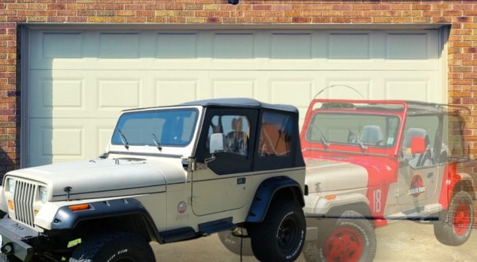 A white 1992 certified pre-owned Jeep Wrangler YJ Sahara is shown with a ghost Jeep behind it.
