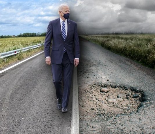 President Biden is shown walking down a road with potholes.