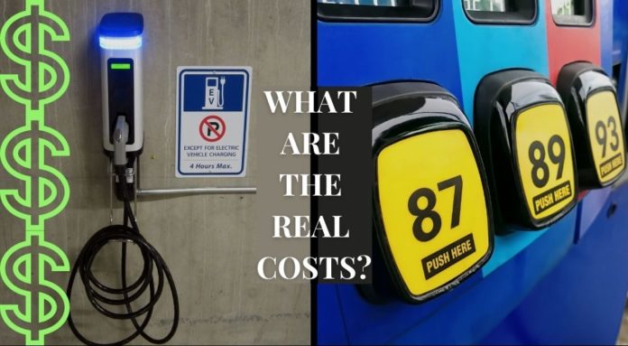 A gas pump and EV charging station are shown with the words 'what are the real cost.'
