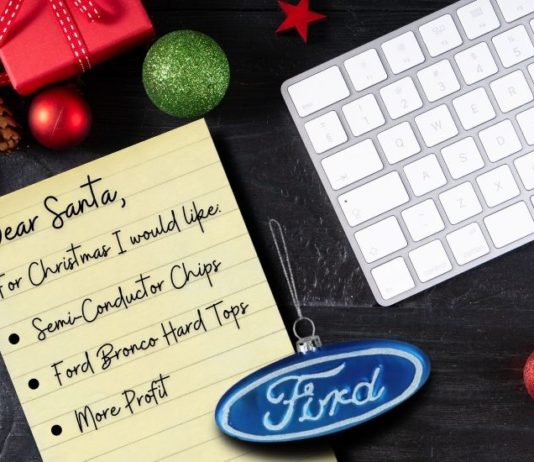 A 'Dear Santa' list is shown at a Ford F-150 dealer.