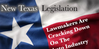 The Texas flag is shown with a title about legislation affecting Houston used truck dealers.