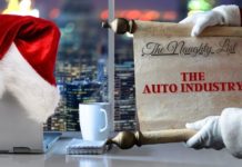 Santa is shown holding a scroll that says 'The Naughty List: The Auto Industry.'