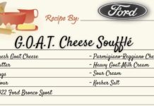 A 2022 Ford Bronco Sport G.O.A.T. Cheese Souffle recipe card is shown.