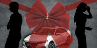 A white 2022 Honda Accord is shown with a red ribbon and a couple's silhouette.