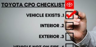 A certified pre-owned Toyota dealer checklist is shown.