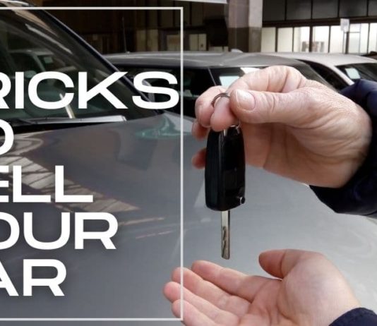 Keys are shown exchanging hands with the text ''5 tricks to sell your car'' printed over it.