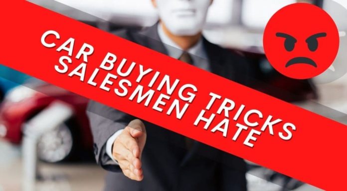 A salesman with a white mask is shown extending his hand for a handshake, a banner saying ''car buying tricks salesmen hate'' and an angry face are hyper-imposed over the image.