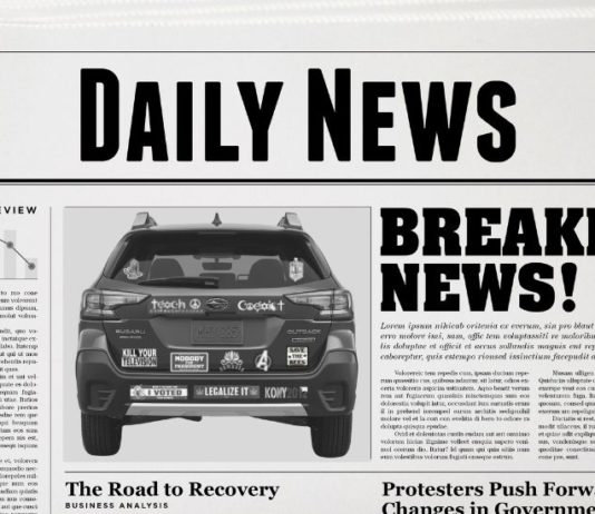 A daily news paper shows an article about a woman who bought a vehicle at a New Jersey Subaru Outback dealer.