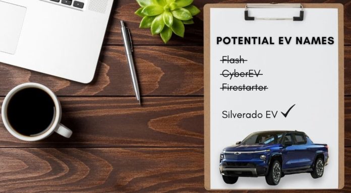 A clipboard is shown that is being used to brainstorm 2024 Chevy Silverado 1500 EV names.