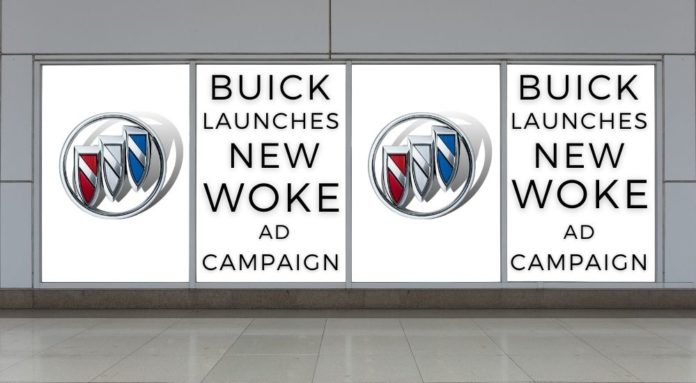 A wall is shown with a Buick ad on it with the text 'Buick launches new woke ad campaign' on it.