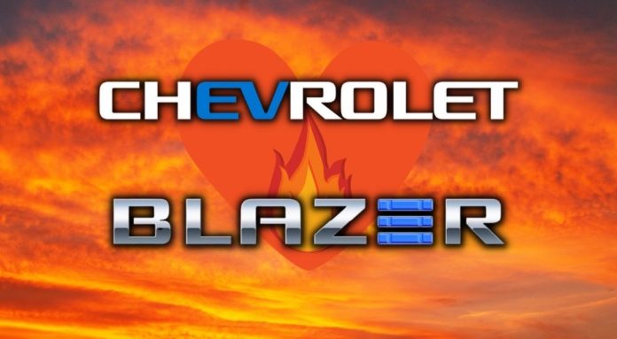 The text 'Chevrolet Blazer' is shown in front of a flaming heart.