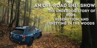 A blue 2022 Subaru Outback Wilderness is shown going down a trail from behind after leaving a 'Certified Pre-Owned Subaru dealership'.