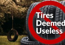 A stack of tires is shown in front of a tire swing with the text 'tires deemed useless' over a cancel sign after local tire stores in Cincinnati rush to get rid of stock.