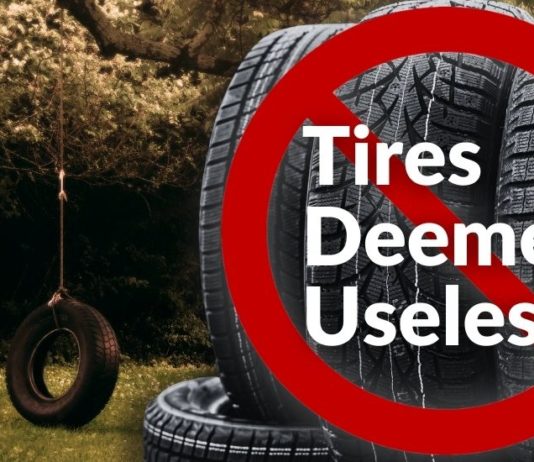 A stack of tires is shown in front of a tire swing with the text 'tires deemed useless' over a cancel sign after local tire stores in Cincinnati rush to get rid of stock.