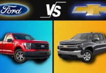 The Ford and Chevy logos are shown above the 2022 Ford F-150 vs 2022 Chevy Silverado 1500.