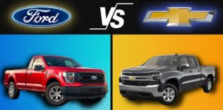 The Ford and Chevy logos are shown above the 2022 Ford F-150 vs 2022 Chevy Silverado 1500.