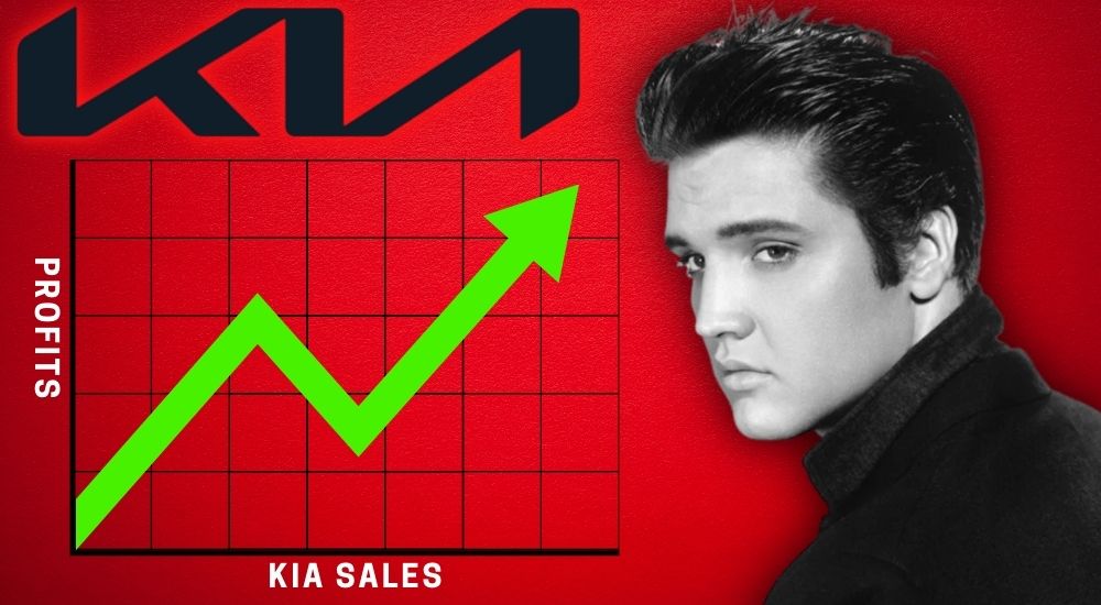 Elvis Presley is shown next to a Kia logo and a graph showing increased profits after he was spotted at a King of Prussia Kia dealer.